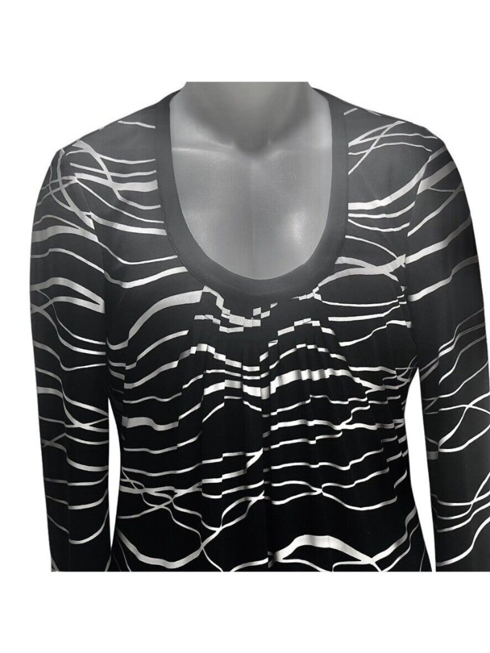 Black & White Wave Print Long Sleeve Dress Scoop Neckline Knee Length Size M - Picture 5 of 10